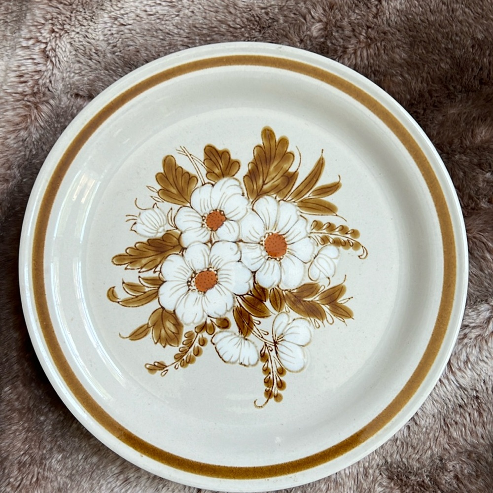 VTG 70s Japan Hand Painted Dried Flowers Mountain Wood STONEWARE Dinner Plate